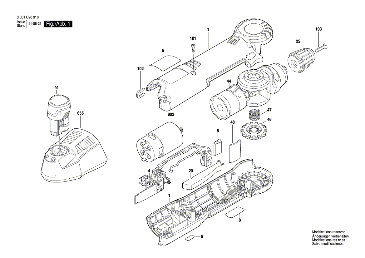 для аккумуляторной угловой дрели Bosch GWB 10,8 V-LI 10.8 V 3601C90900, деталировка 1