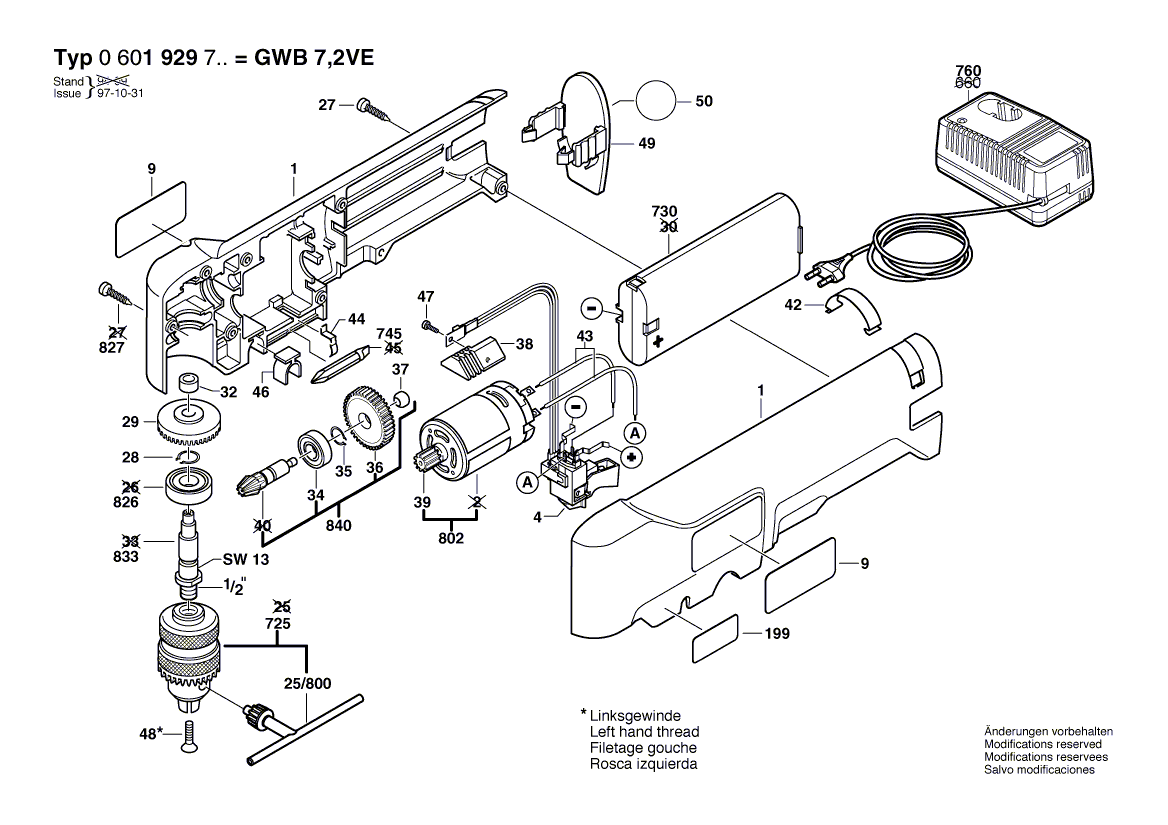 для аккумуляторной угловой дрели Bosch GWB 7,2 VE 7.2 V 0601929703, деталировка 1