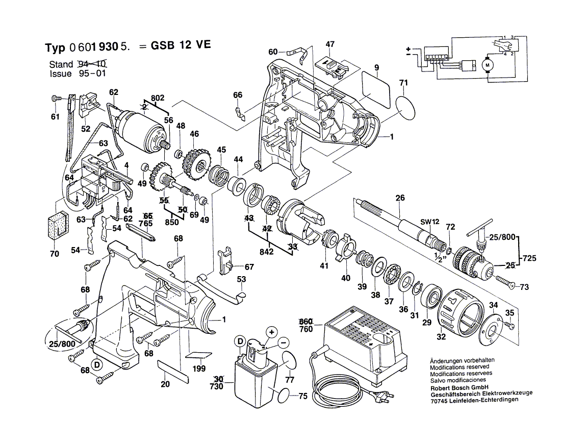 для аккумуляторной ударной дрели Bosch GSB 12 VE 12 V 0601930503, деталировка 1