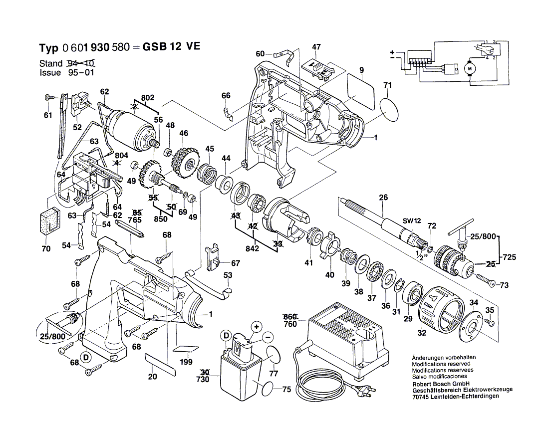 для аккумуляторной ударной дрели Bosch GSB 12 VE 12 V 0601930580, деталировка 1