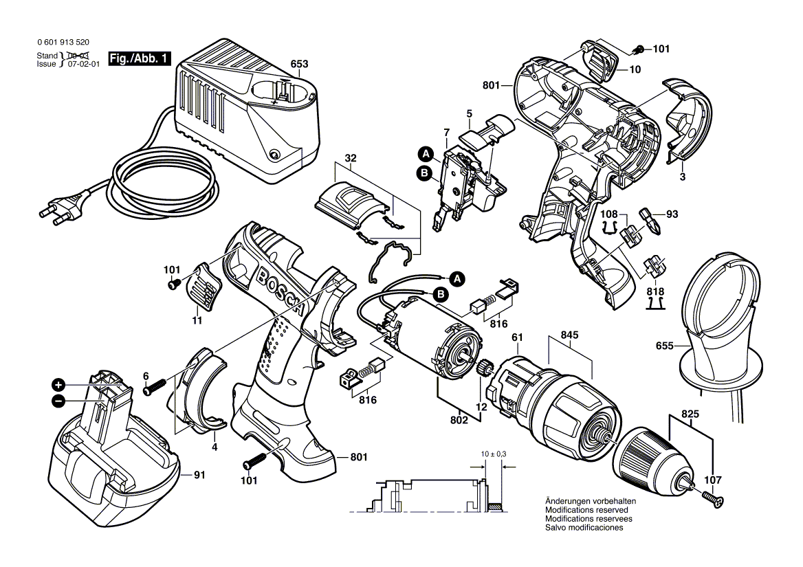 для аккумуляторной ударной дрели Bosch GSB 12 VE-2 12 V 0601913520, деталировка 1