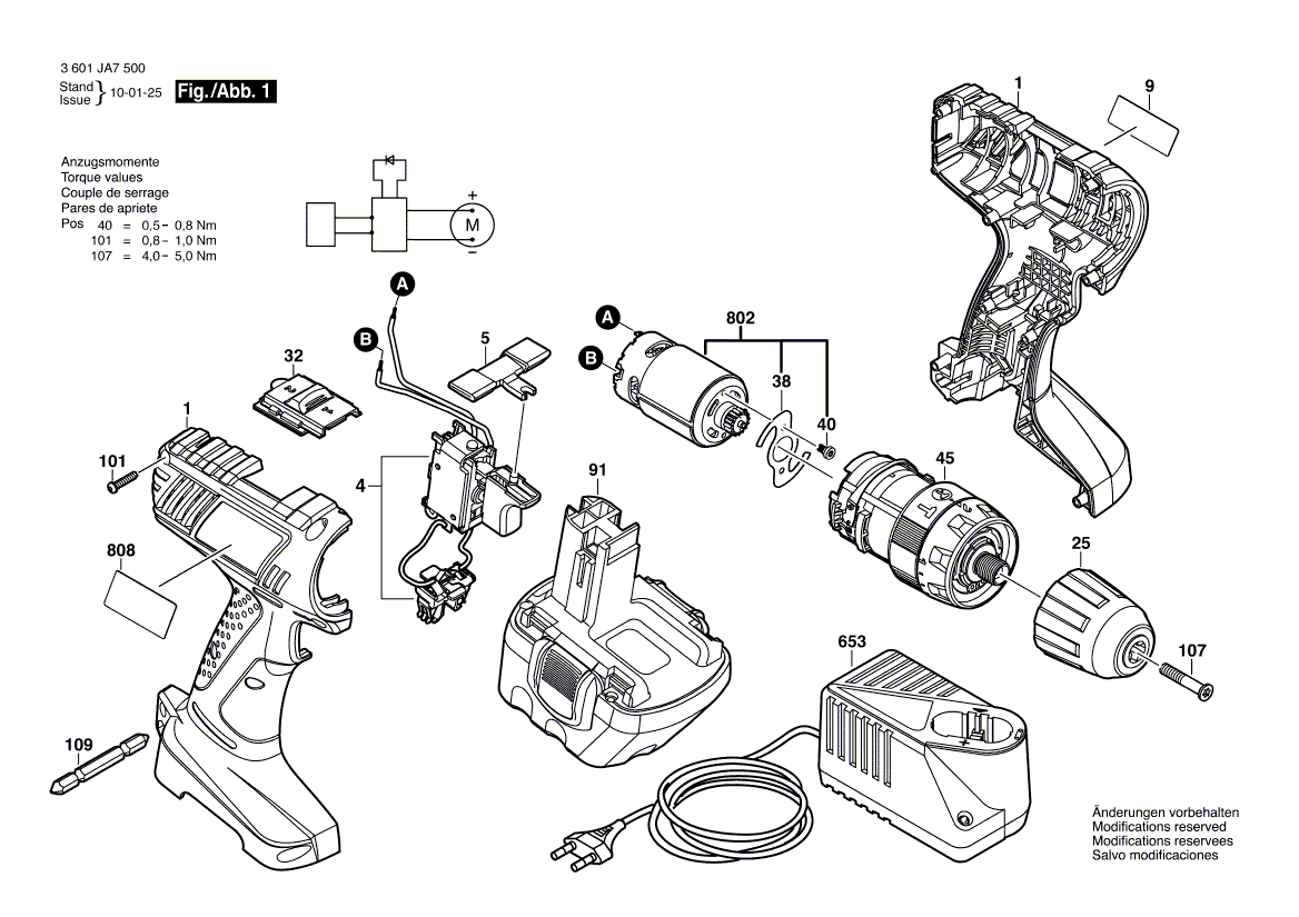 для аккумуляторной ударной дрели Bosch GSB 12-2 12 V 3601JA7500, деталировка 1