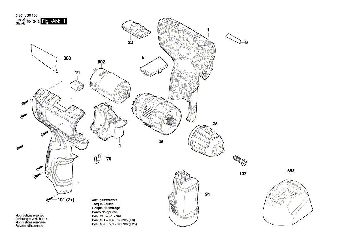 для аккумуляторной ударной дрели Bosch GSB 120-LI 12 V 3601JG8100, деталировка 1