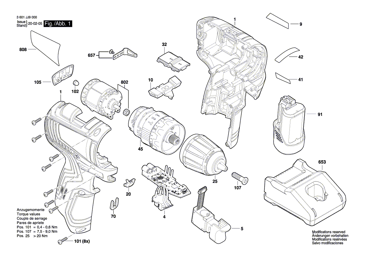 для аккумуляторной ударной дрели Bosch GSB 12V-35 12 V 3601JJ9000, деталировка 1