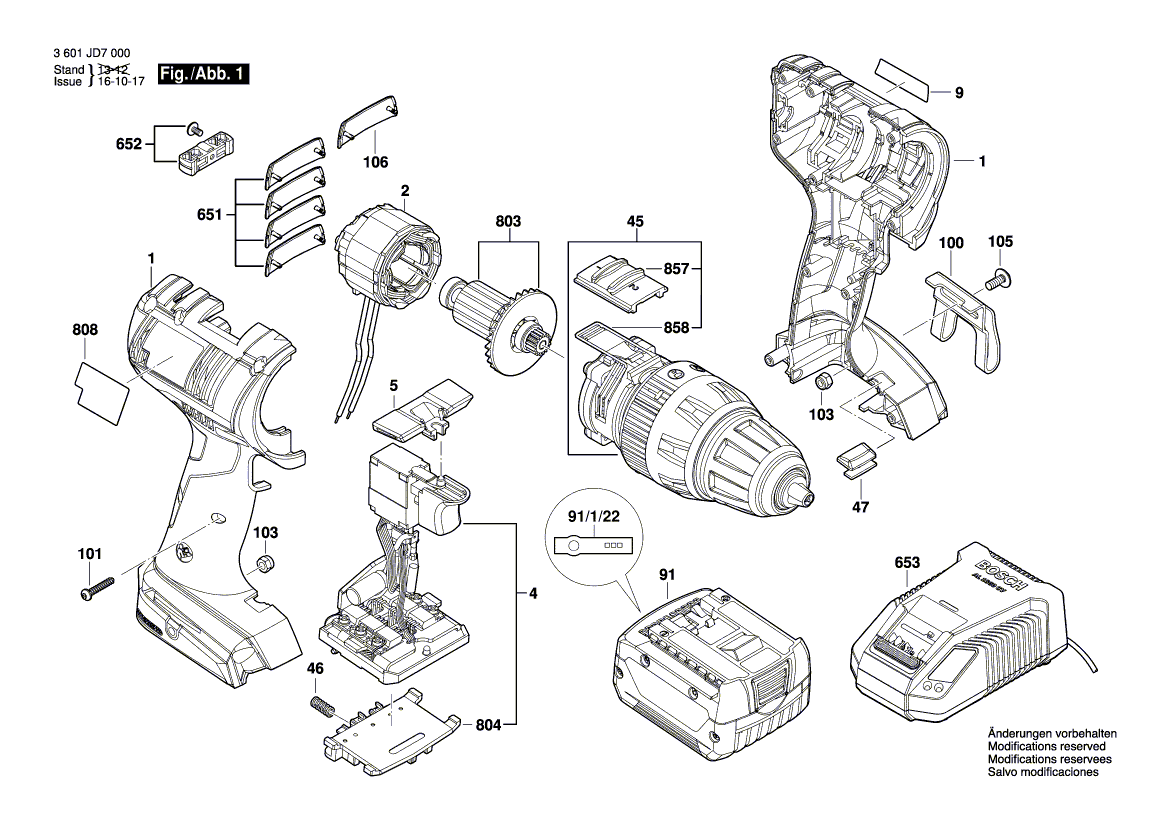 для аккумуляторной ударной дрели Bosch GSB 14,4 V-EC 14.4 V 3601JD7000, деталировка 1