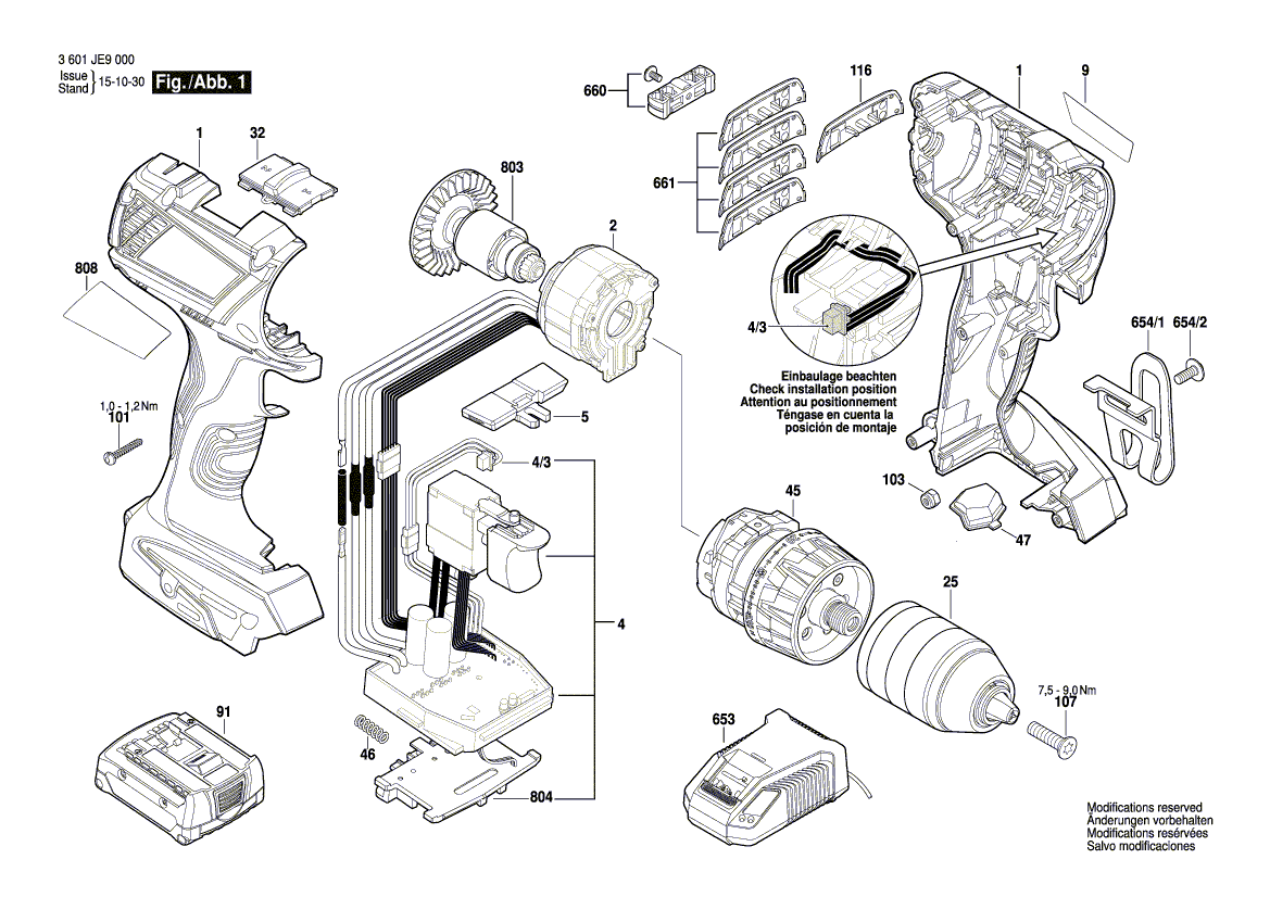 для аккумуляторной ударной дрели Bosch GSB 14,4 V-EC 14.4 V 3601JE9000, деталировка 1