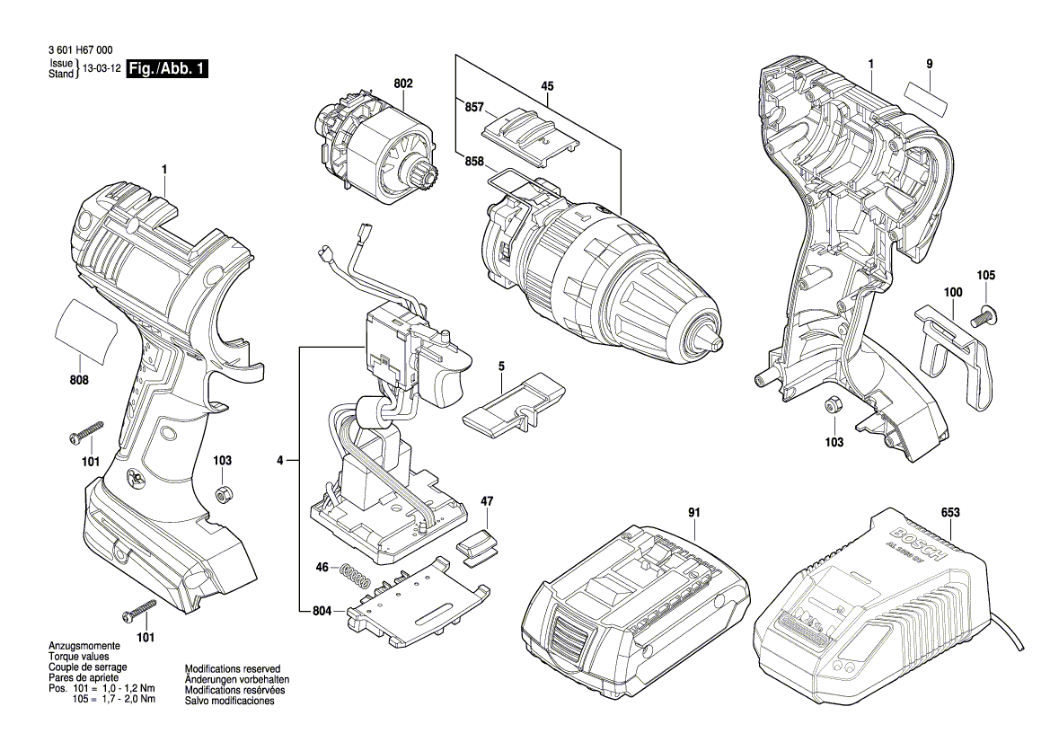 для аккумуляторной ударной дрели Bosch GSB 14,4 V-LI 14.4 V 3601H67000, деталировка 1