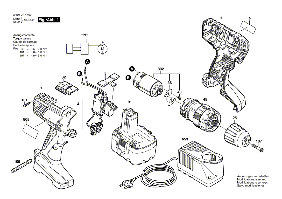 для аккумуляторной ударной дрели Bosch GSB 14,4-2 14.4 V 3601JA7400, деталировка 1