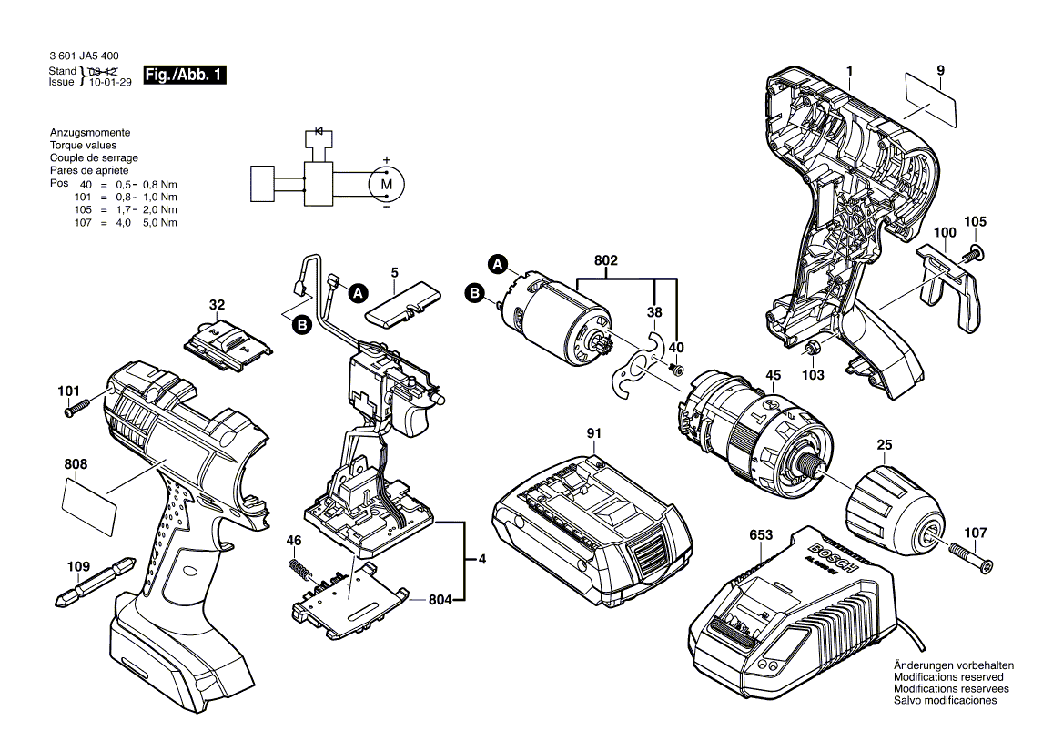 для аккумуляторной ударной дрели Bosch GSB 14,4-2-LI 14.4 V 3601JA5400, деталировка 1