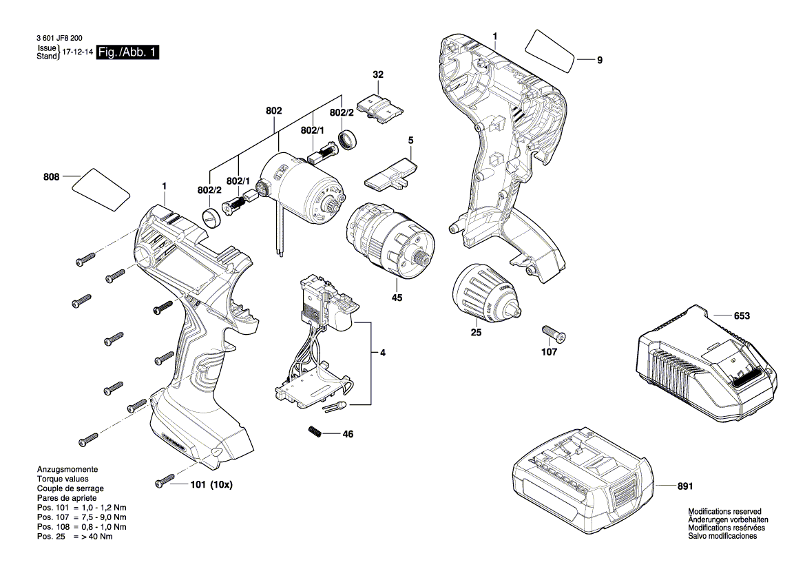 для аккумуляторной ударной дрели Bosch GSB 140-LI 14.4 V 3601JF8220, деталировка 1