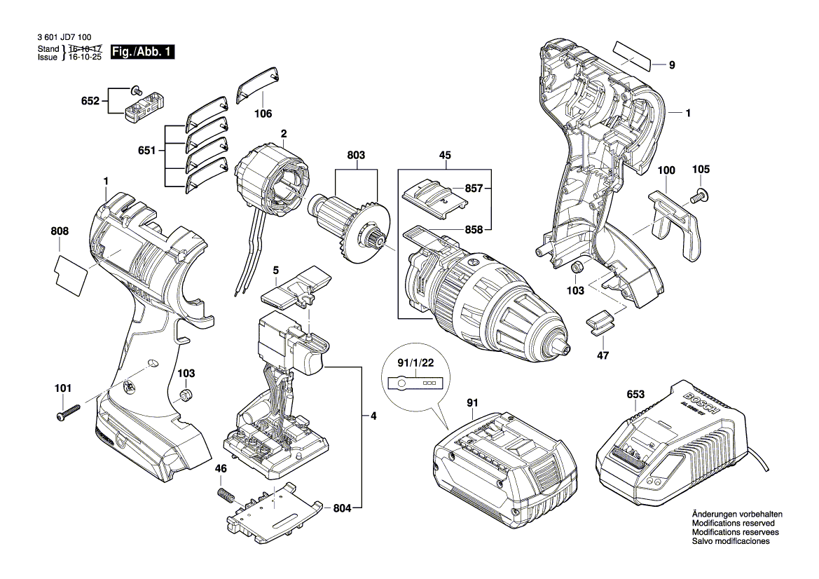 для аккумуляторной ударной дрели Bosch GSB 18 V-EC 18 V 3601JD7100, деталировка 1