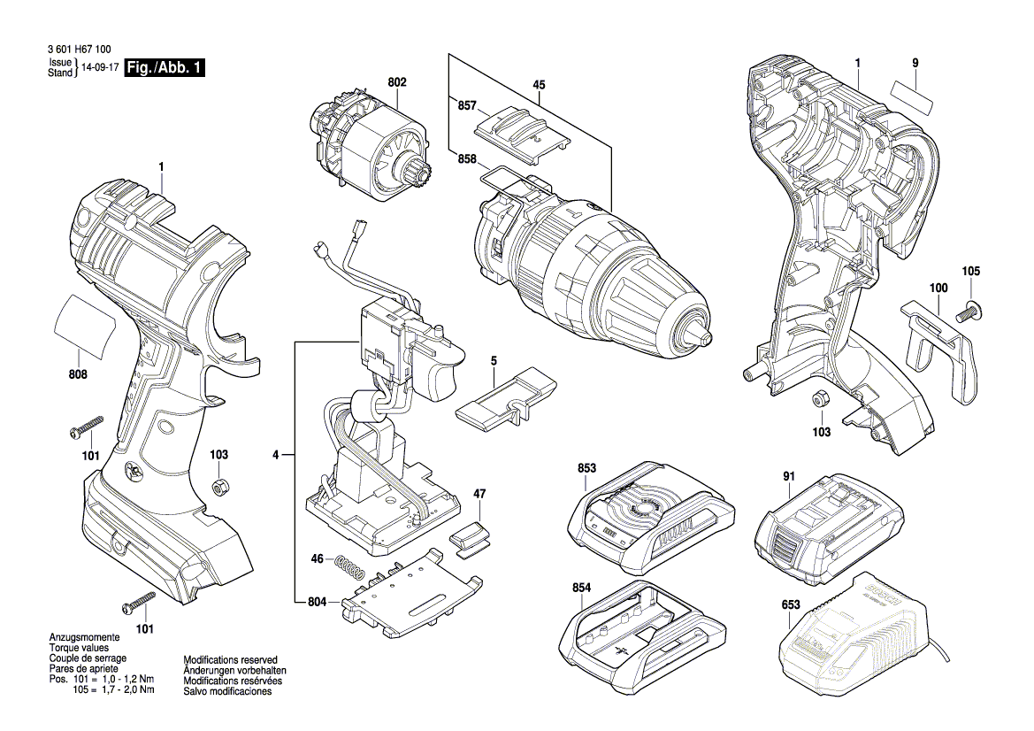 для аккумуляторной ударной дрели Bosch GSB 18 V-LI 18 V 3601H67100, деталировка 1