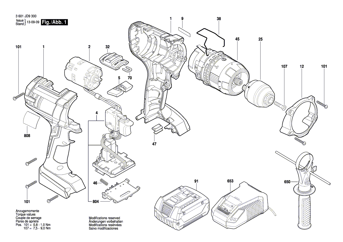 для аккумуляторной ударной дрели Bosch GSB 18 VE-2-LI 18 V 3601JD9300, деталировка 1