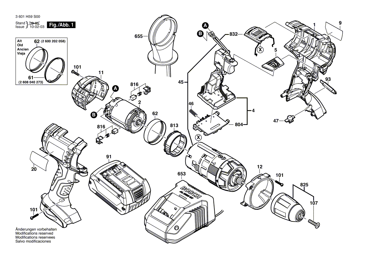 для аккумуляторной ударной дрели Bosch GSB 18 VE-2LI 18 V 3601H59S00, деталировка 1