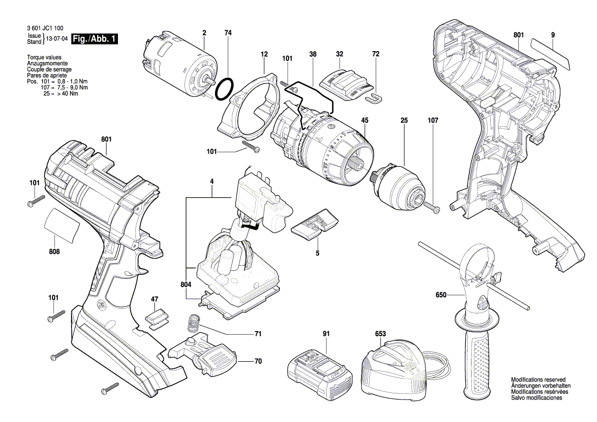 для аккумуляторной ударной дрели Bosch GSB 36 VE-2-LI 36 V 3601JC1100, деталировка 1