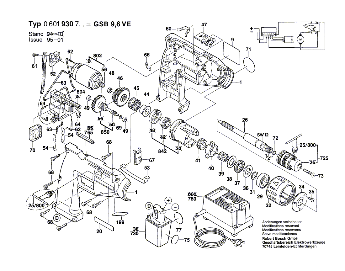 для аккумуляторной ударной дрели Bosch GSB 9,6 VE 9.6 V 0601930703, деталировка 1