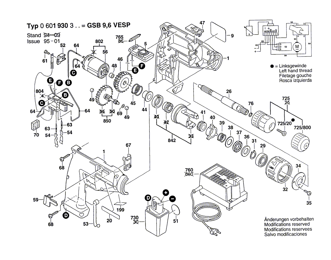 для аккумуляторной ударной дрели Bosch GSB 9,6 VESP 9.6 V 0601930303, деталировка 1