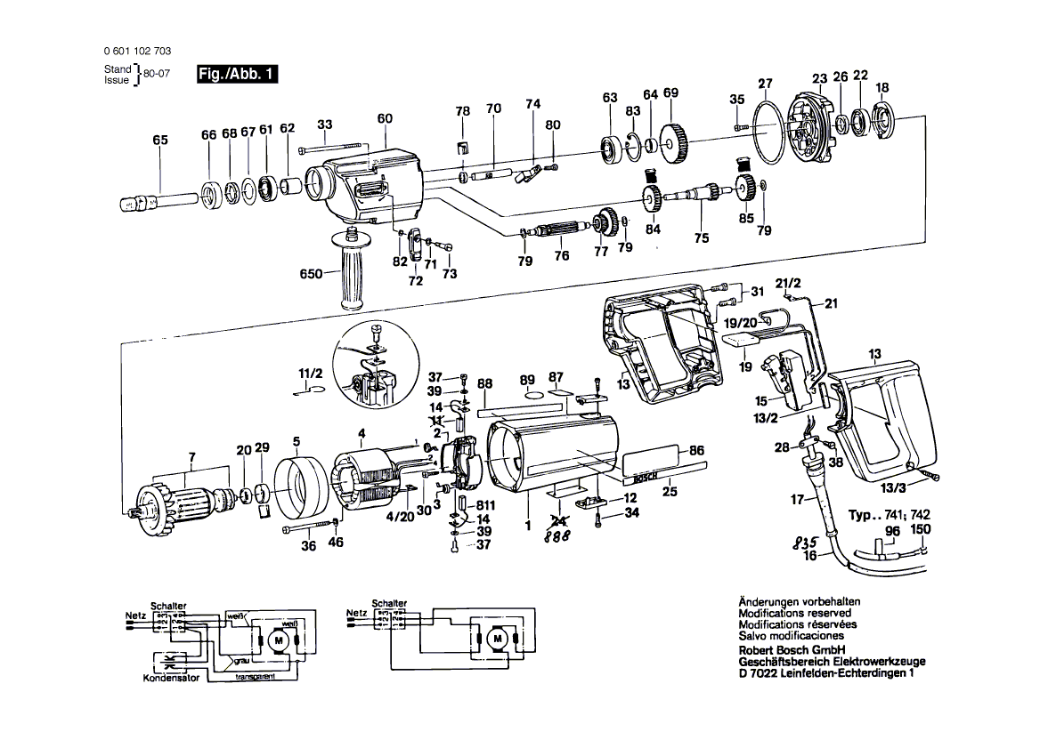 для дрели Bosch 220 V 0601102703, деталировка 1