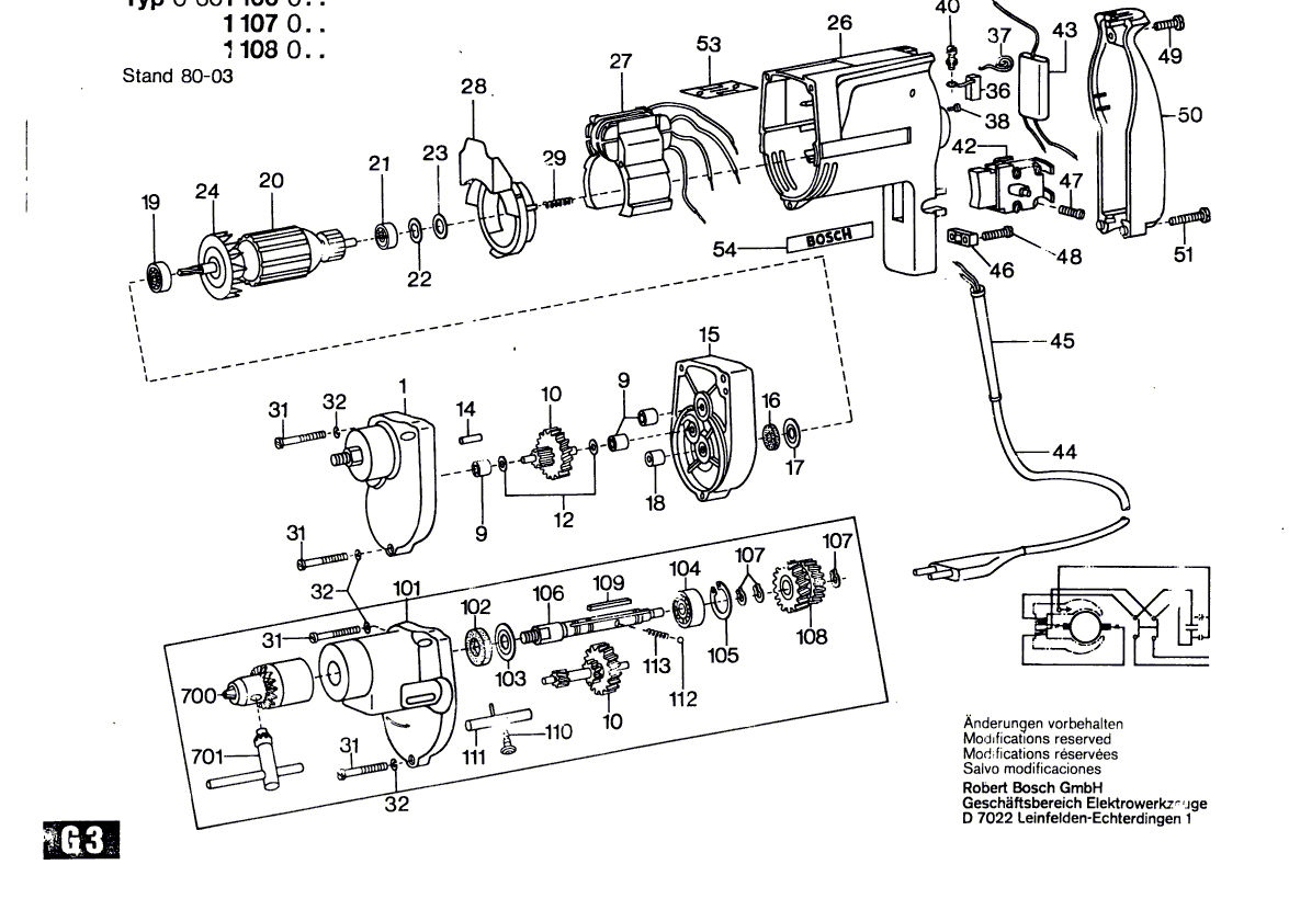 для дрели Bosch 220 V 0601106003, деталировка 1