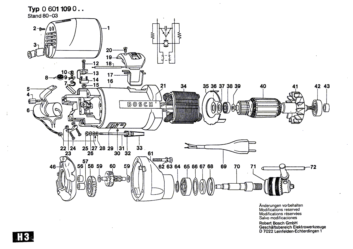 для дрели Bosch 220 V 0601109003, деталировка 1