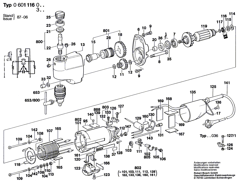 для дрели Bosch 220 V 0601116003, деталировка 1