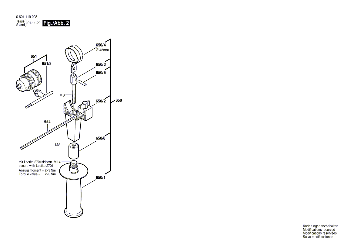 для дрели Bosch 220 V 0601119003, деталировка 2