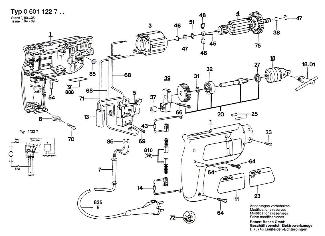 для дрели Bosch 220 V 0601122703, деталировка 1