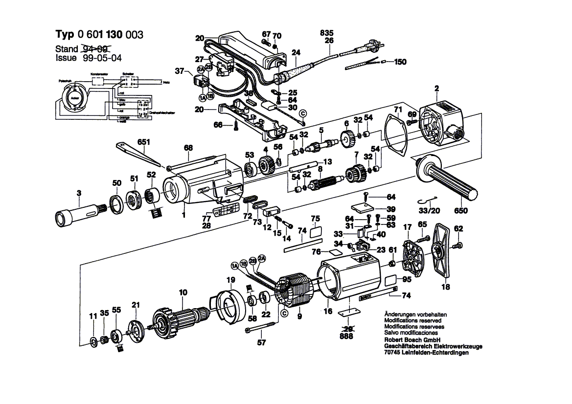 для дрели Bosch 220 V 0601130003, деталировка 1