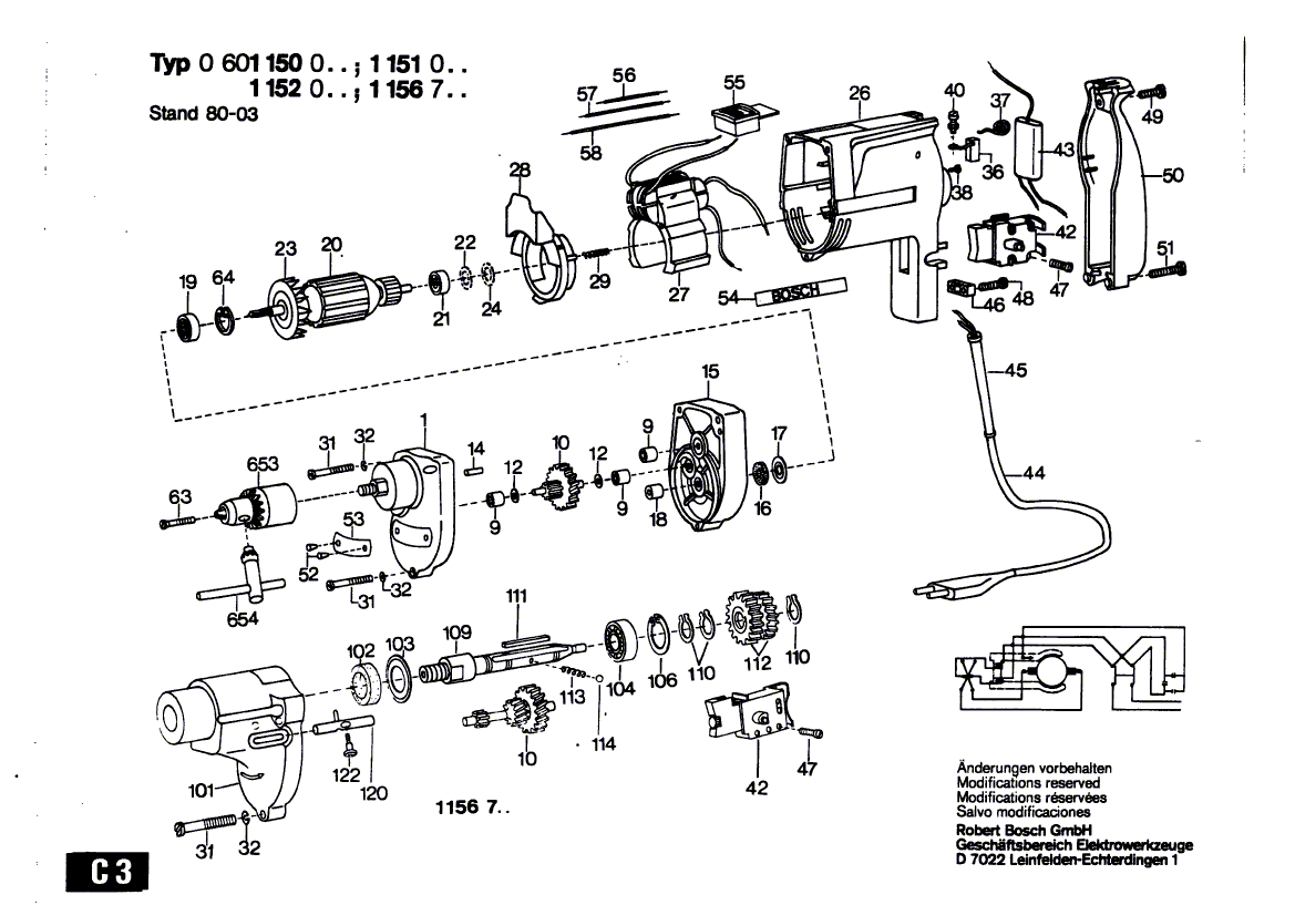 для дрели Bosch 220 V 0601150003, деталировка 1