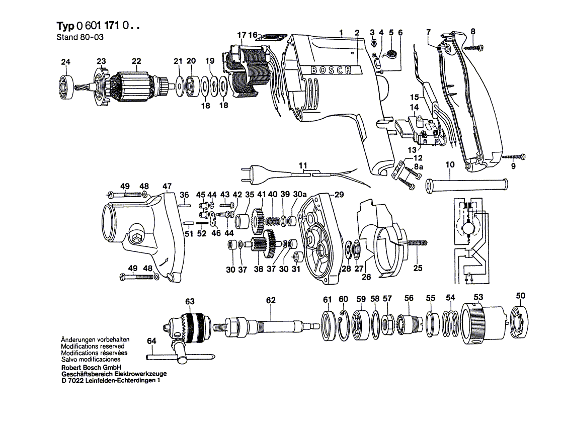 для дрели Bosch 220 V 0601171003, деталировка 1