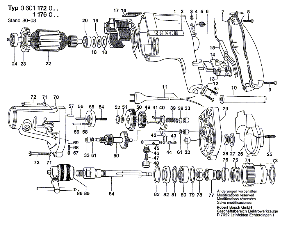 для дрели Bosch 220 V 0601172003, деталировка 1