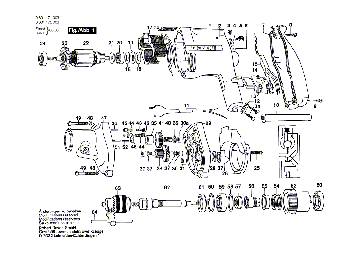 для дрели Bosch 220 V 0601175003, деталировка 1