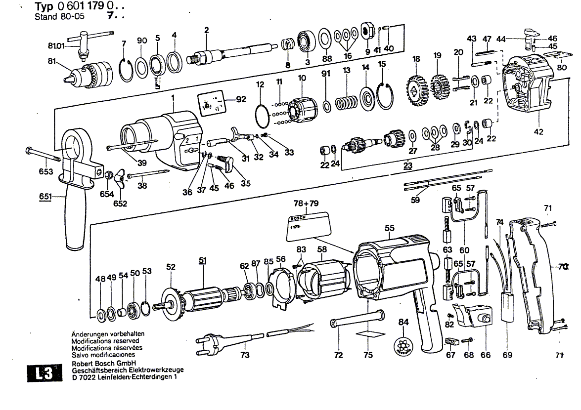 для дрели Bosch 220 V 0601179003, деталировка 1