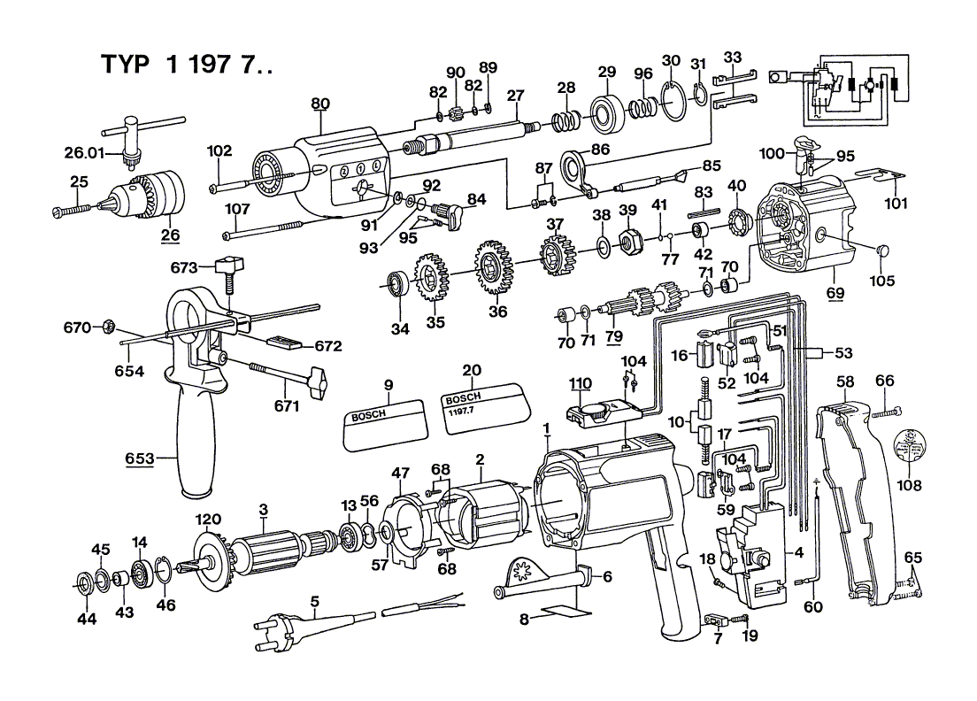 для дрели Bosch 220 V 0601197703, деталировка 1