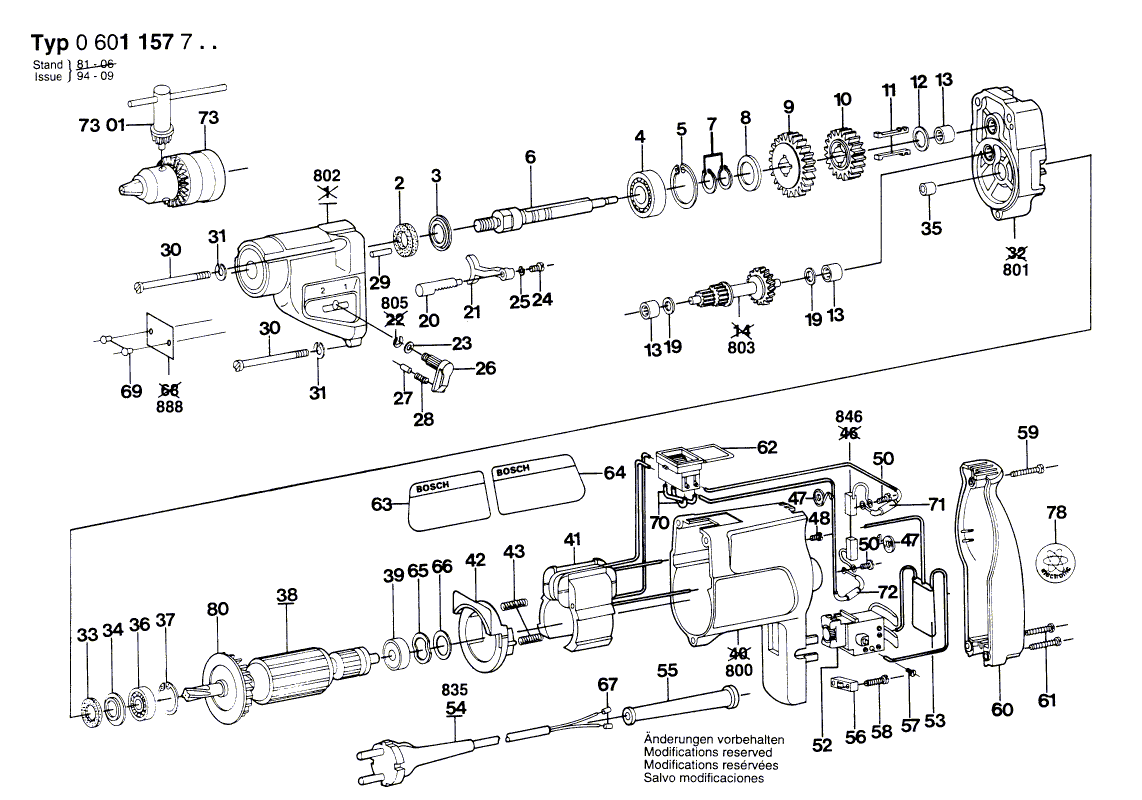 для дрели Bosch 230 V 0601157703, деталировка 1