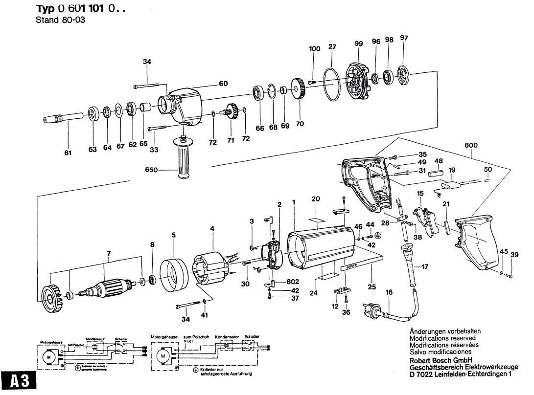 для дрели Bosch UB(J)75B 26 230 V 0601101001, деталировка 1