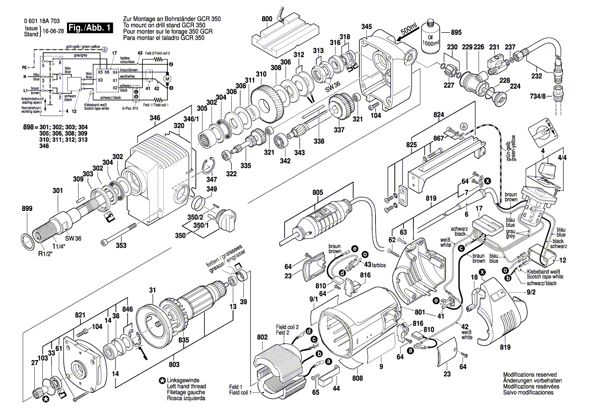 для дрели алмазного сверления Bosch GDB 2200 WE 230 V 060118A703, деталировка 1