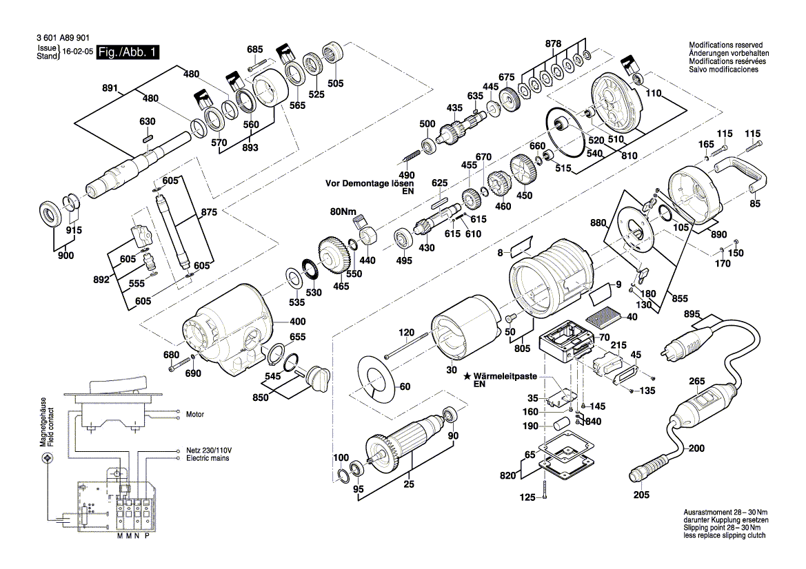 для дрели алмазного сверления Bosch GDB 350 WE 230 V 3601A89901, деталировка 1