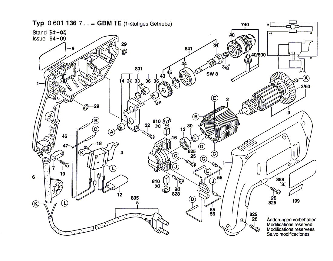 для дрели Bosch GBM 1 E 230 V 0601136703, деталировка 1