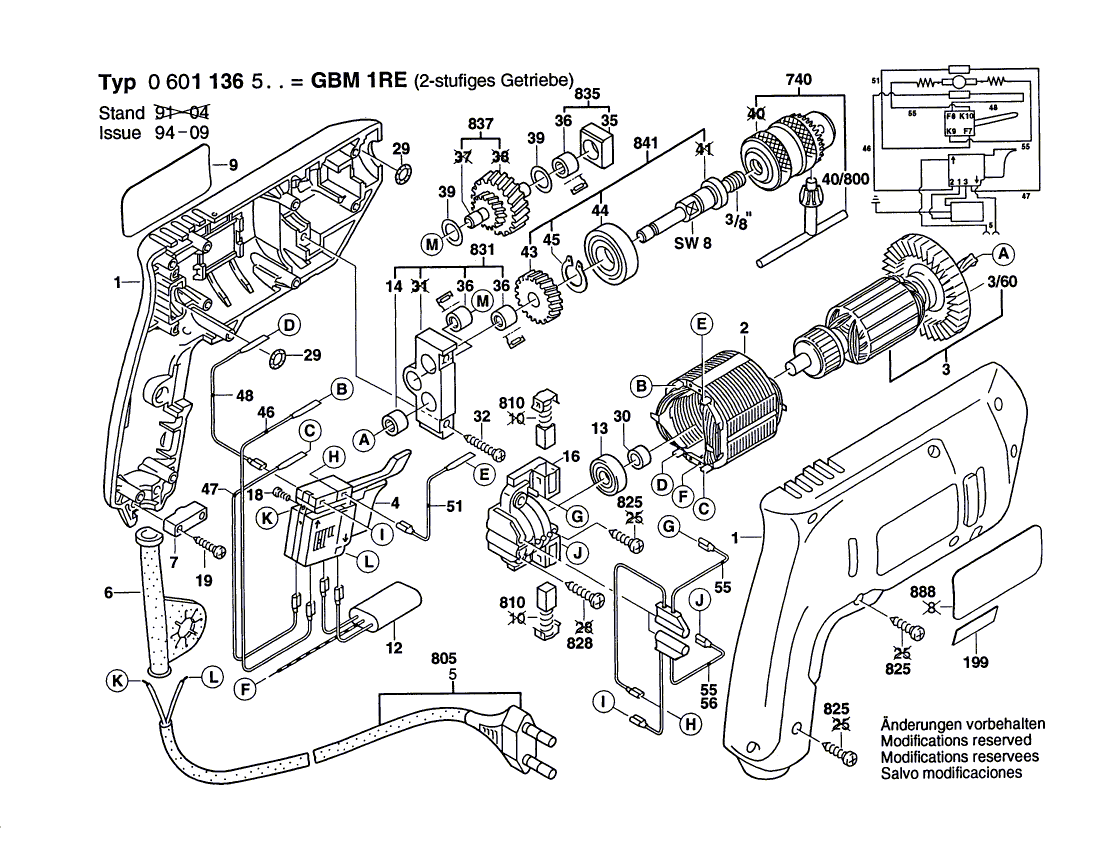 для дрели Bosch GBM 1 RE 230 V 0601136503, деталировка 1