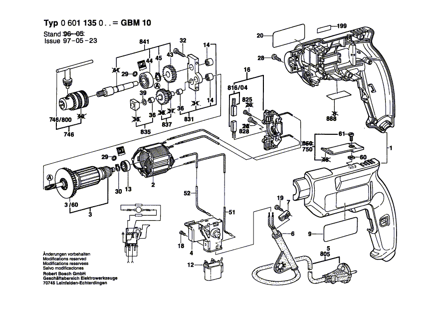 для дрели Bosch GBM 10 230 V 0601135003, деталировка 1