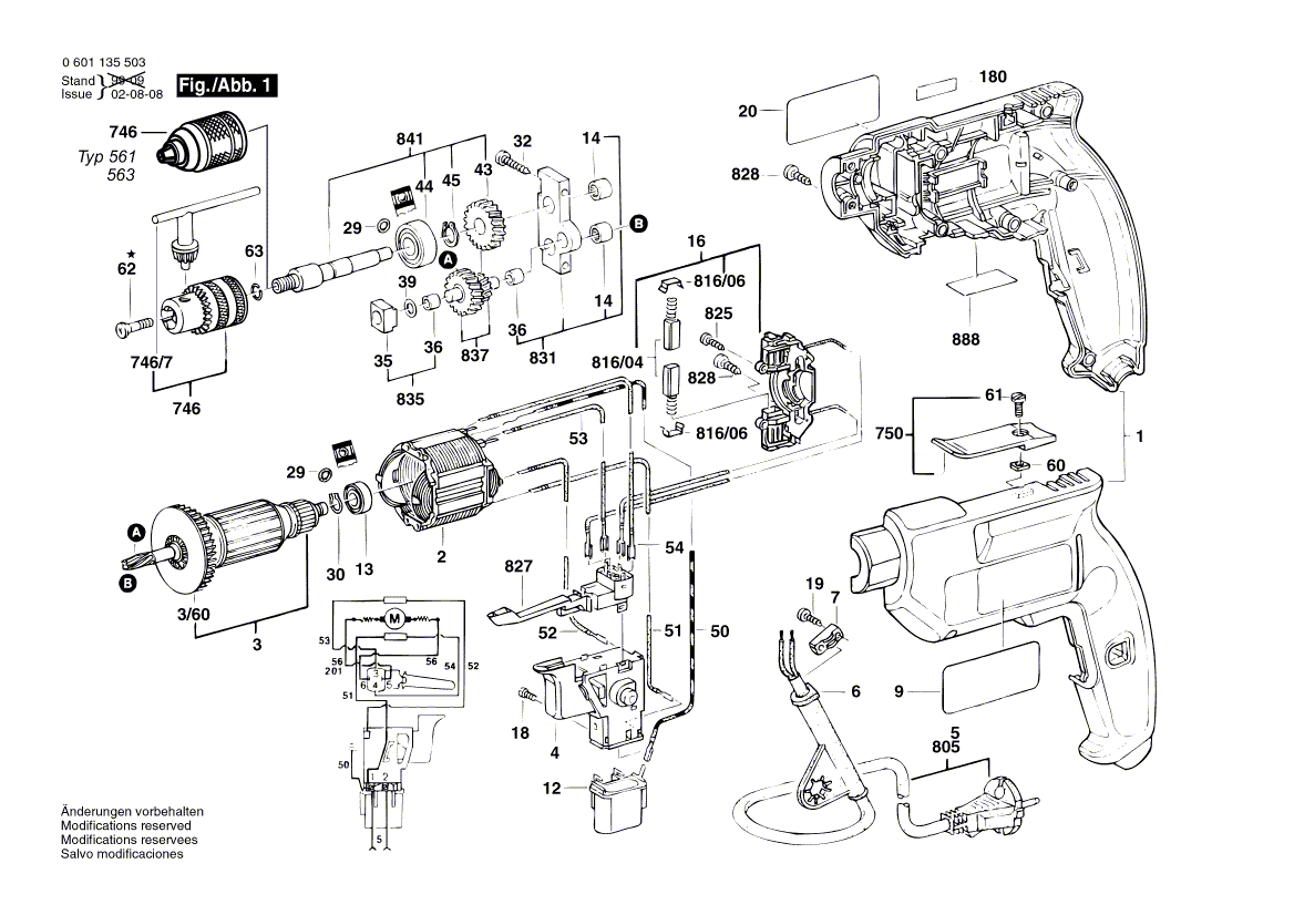 для дрели Bosch GBM 10 RE 230 V 0601135503, деталировка 1