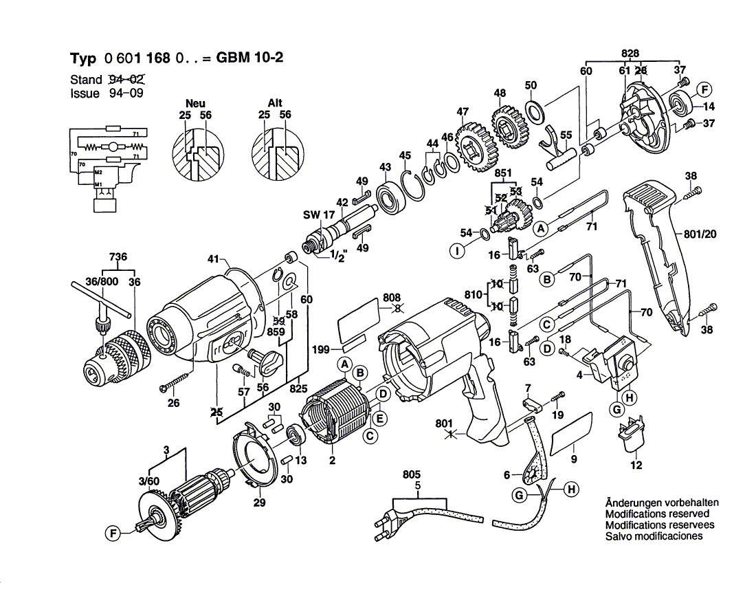 для дрели Bosch GBM 10-2 230 V 0601168003, деталировка 1