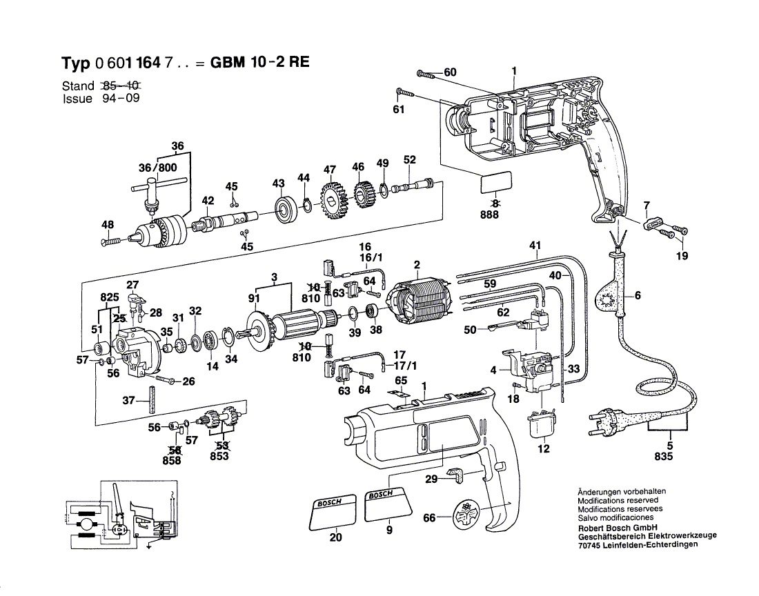 для дрели Bosch GBM 10-2 RE 220 V 0601164703, деталировка 1