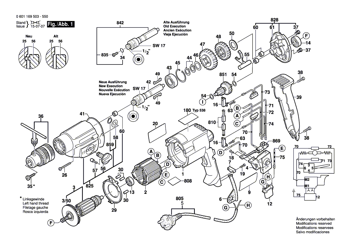 для дрели Bosch GBM 13-2 RE 230 V 0601169503, деталировка 1