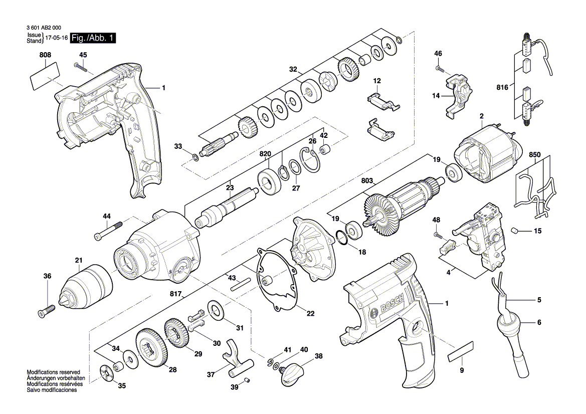 для дрели Bosch GBM 13-2 RE 230 V 3601AB2000, деталировка 1