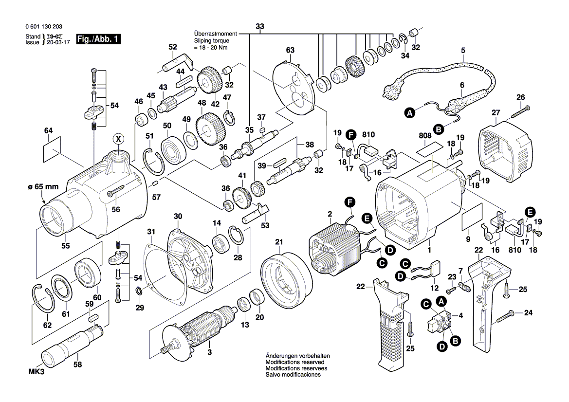 для дрели Bosch GBM 32-4 230 V 0601130203, деталировка 1