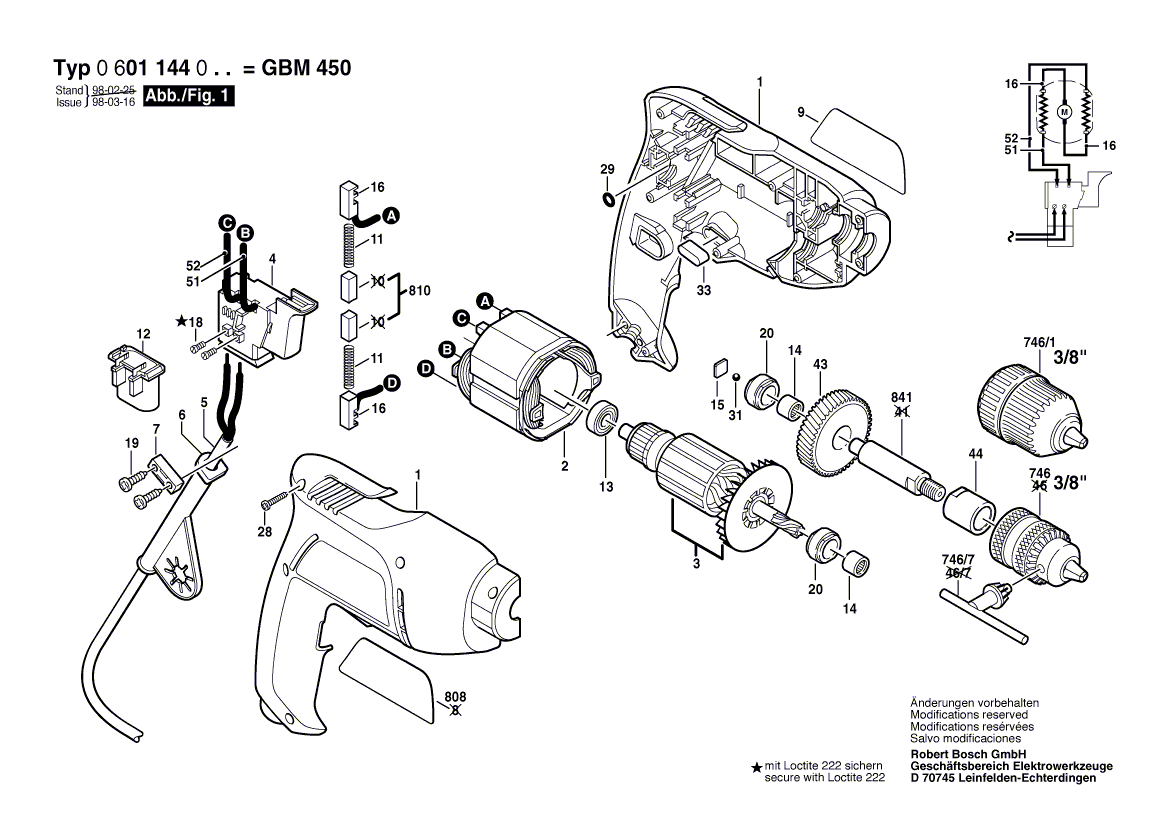 для дрели Bosch GBM 450 230 V 0601144003, деталировка 1