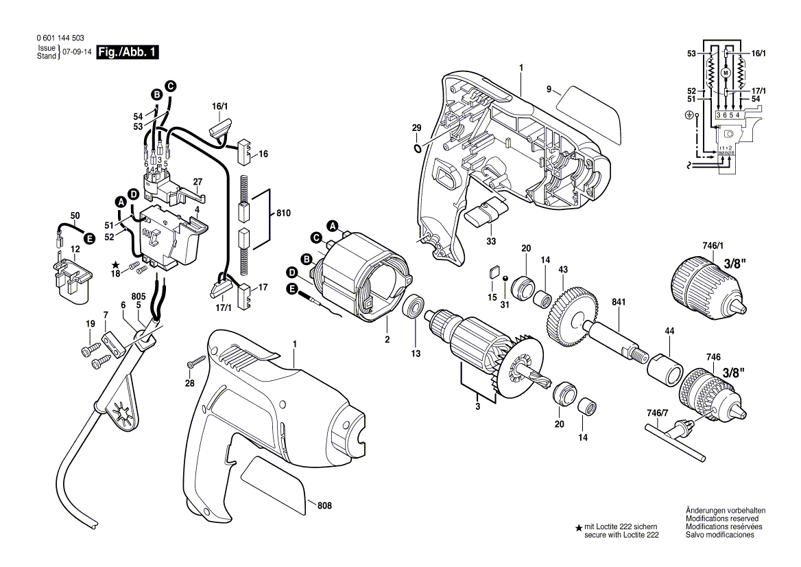 для дрели Bosch GBM 450 RE 230 V 0601144503, деталировка 1