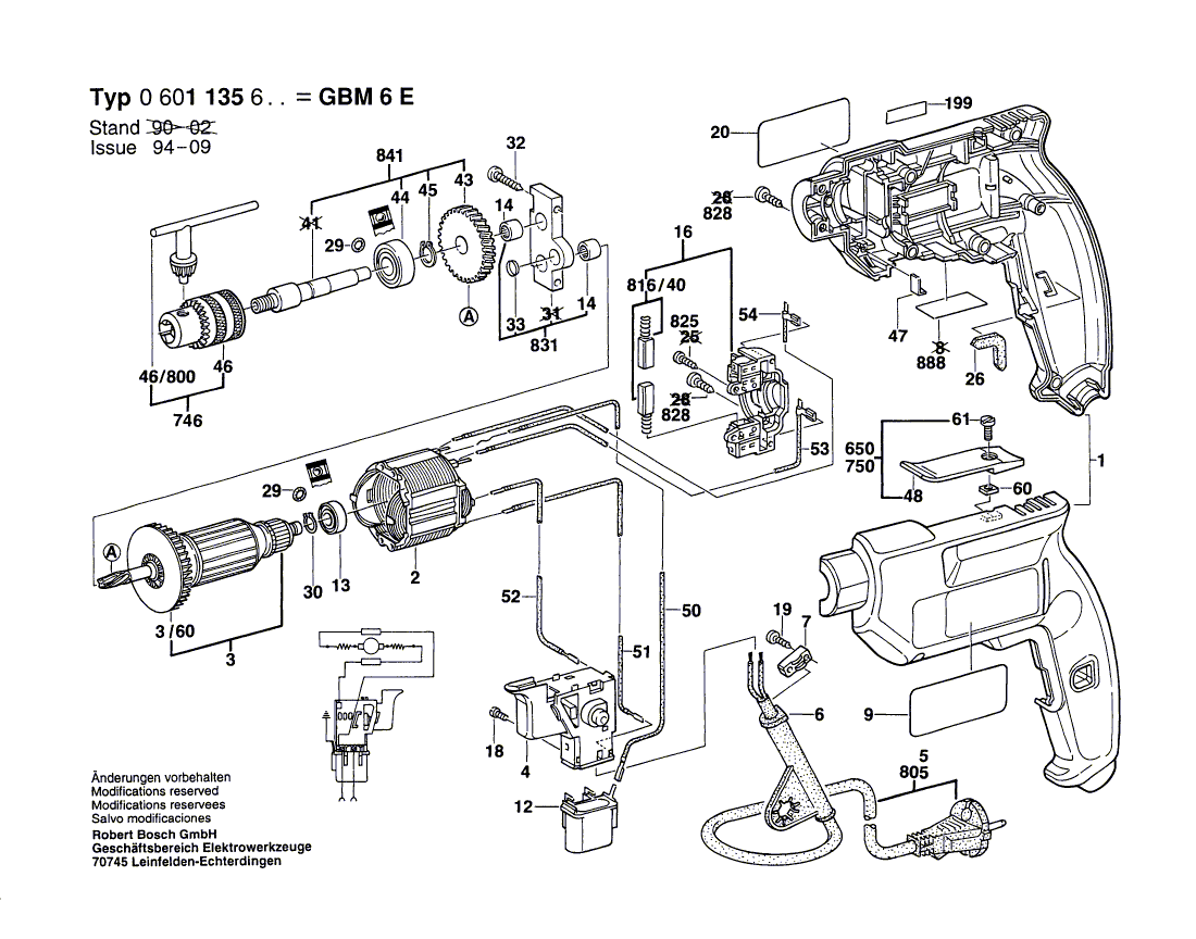 для дрели Bosch GBM 6 E 230 V 0601135603, деталировка 1